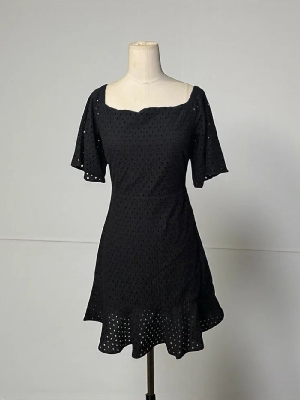 Line & Dot Black Eyelet Mini Dress | Square Neck Fit & Flare | Size Medium